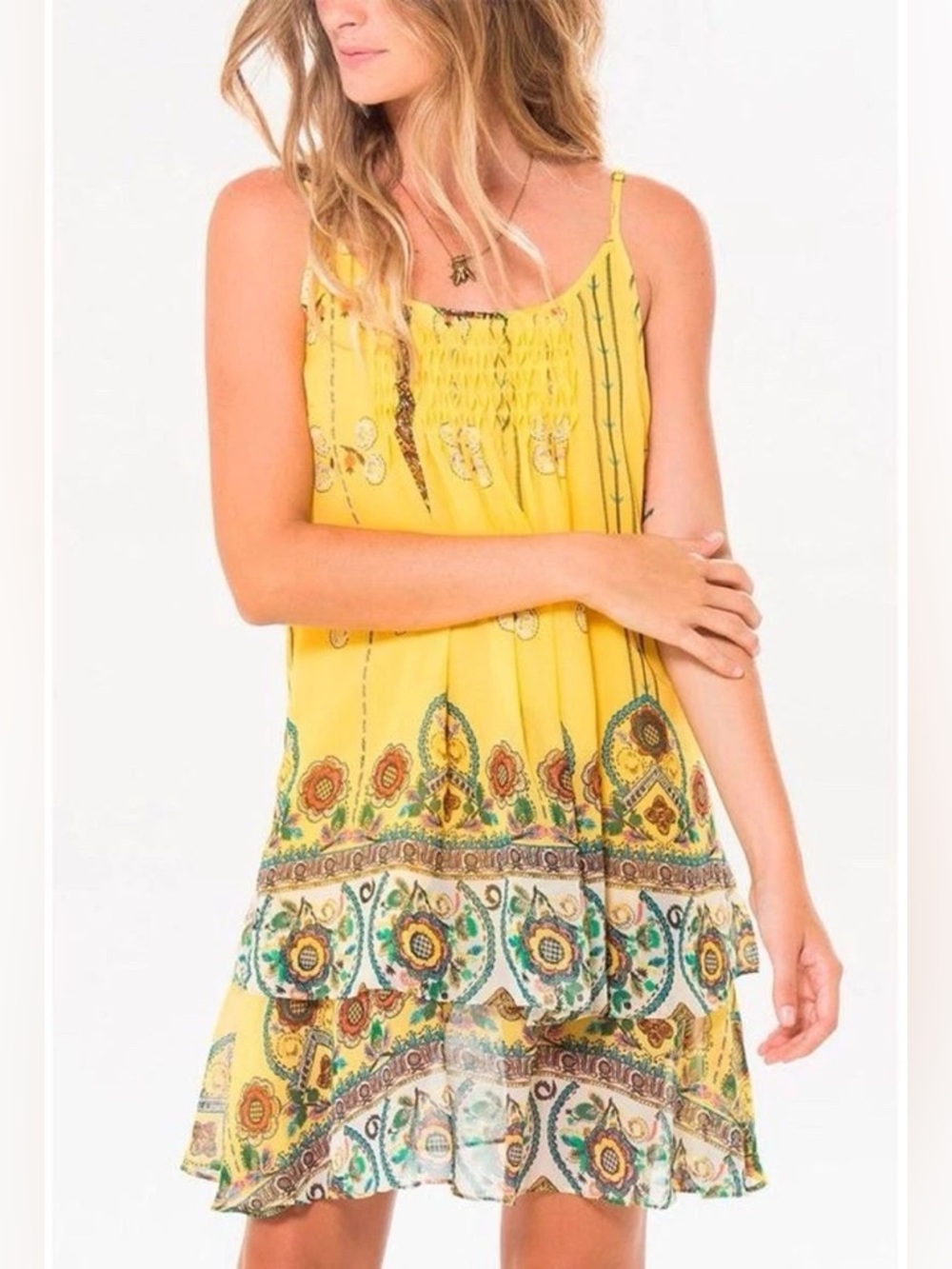 Farm Rio Yellow Floral Chiffon Dress Boho Tiered Mini Size Small